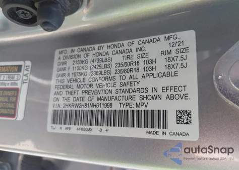 2022 Honda Cr-V Awd Ex-L from USA, damaged, VIN 2HKRW2H81NH611998